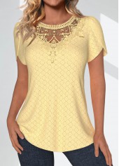 Light Yellow Lace Short Sleeve Round Neck T Shirt