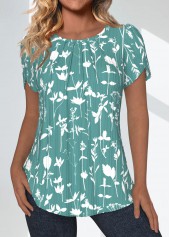 Green Tuck Stitch Floral Print Short Sleeve Blouse