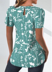 Green Tuck Stitch Floral Print Short Sleeve Blouse | thumb picture 
