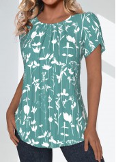 Green Tuck Stitch Floral Print Short Sleeve Blouse | thumb picture 