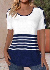 Navy Button Striped Short Sleeve Round Neck T Shirt