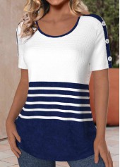Navy Button Striped Short Sleeve Round Neck T Shirt