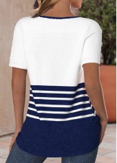 Navy Button Striped Short Sleeve Round Neck T Shirt