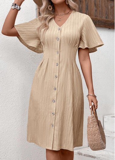 women clothes image of Light Camel Textured Fabric Short Sleeve V Neck Dress