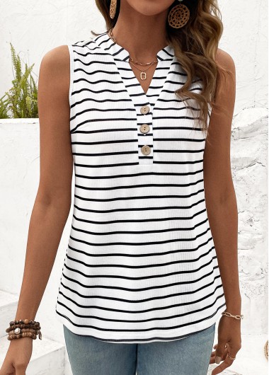 women clothes image of White Button Striped Split Neck Tank Top