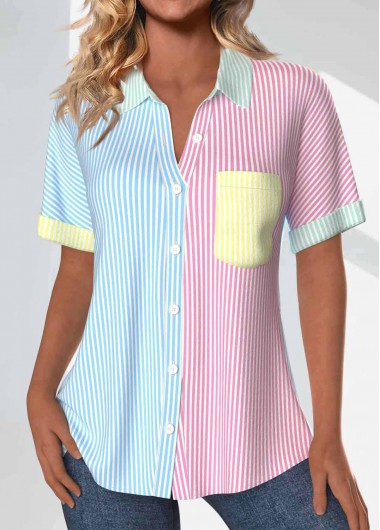 women clothes image of Rainbow Color Patchwork Striped Short Sleeve Shirt Collar Blouse