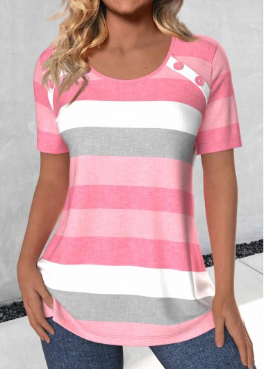 women clothes image of Plus Size Light Pink Button Striped T Shirt