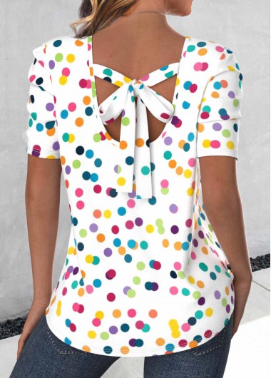 women clothes image of White Bowknot Polka Dot Short Sleeve Round Neck Blouse