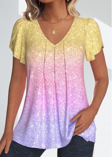 women clothes image of Multi Color Tuck Stitch Ombre Short Sleeve T Shirt