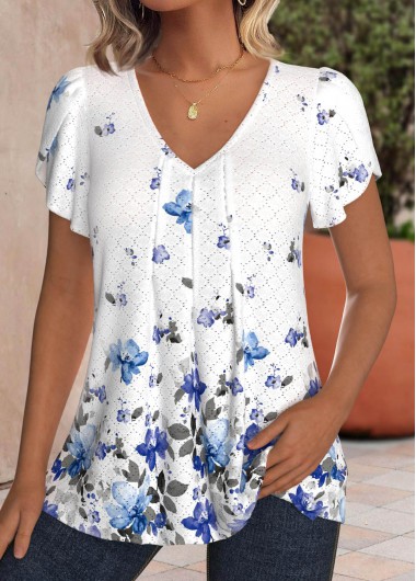 women clothes image of White Hollow Out Floral Print Short Sleeve T Shirt