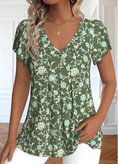 women clothes image of Olive Green Embroidery Ditsy Floral Print T Shirt