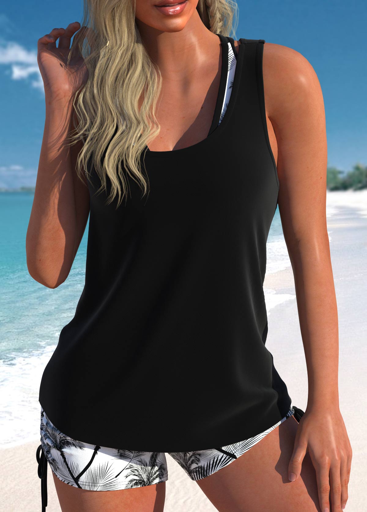 Layered Mid Waisted Floral Print Black Tankini Set | picture 