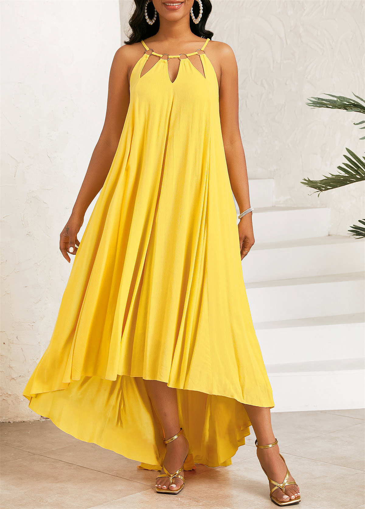 Yellow Circular Ring High Low A Line Strappy Dress