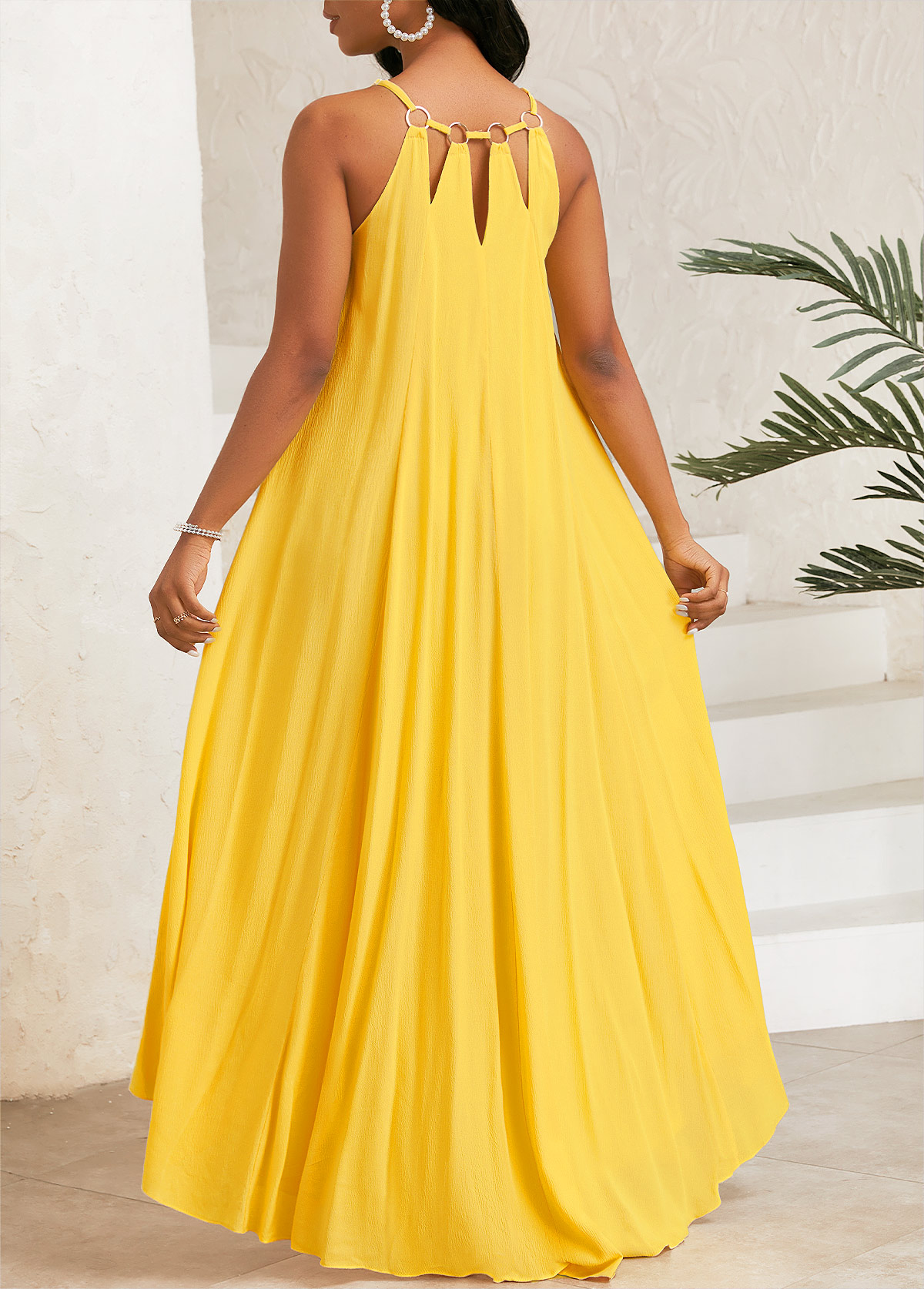 Yellow Circular Ring High Low A Line Strappy Dress