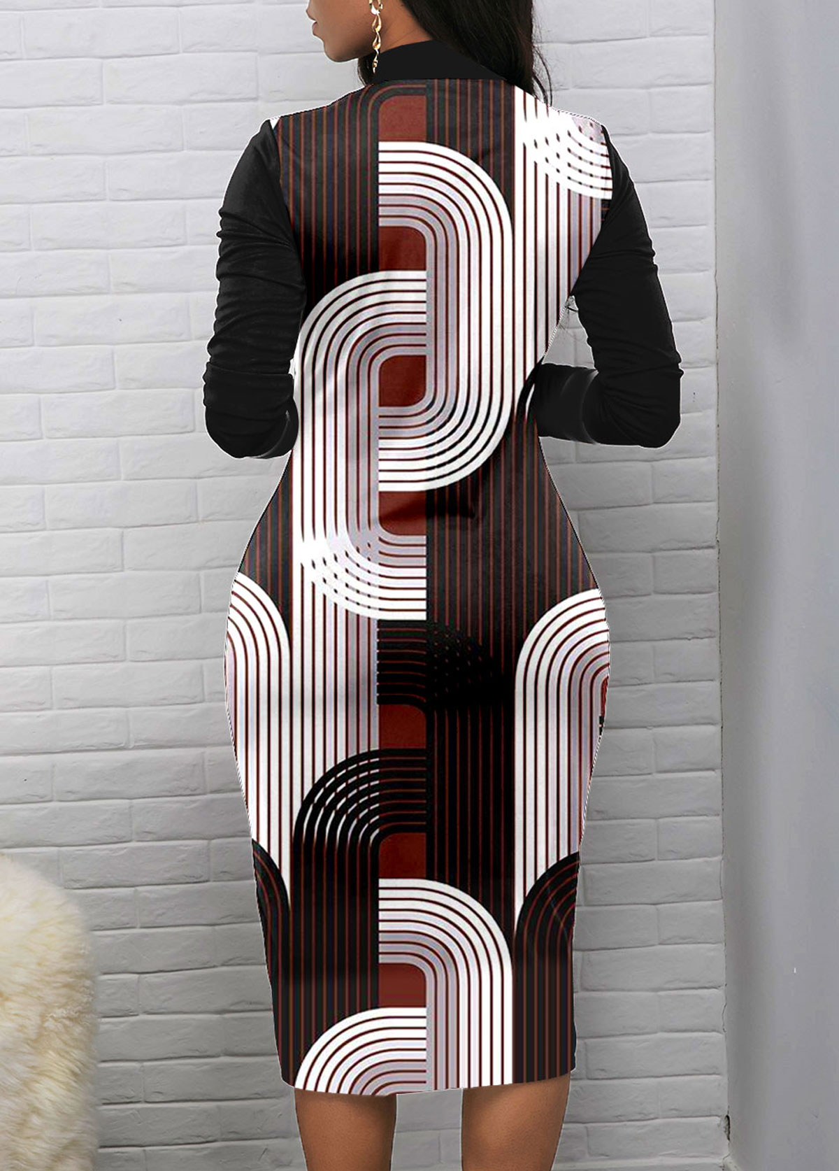 Black Zipper Geometric Print Long Sleeve Bodycon Dress