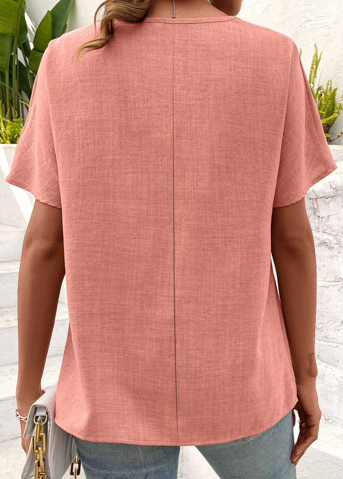 Dusty Pink Tie Short Sleeve Round Neck T Shirt