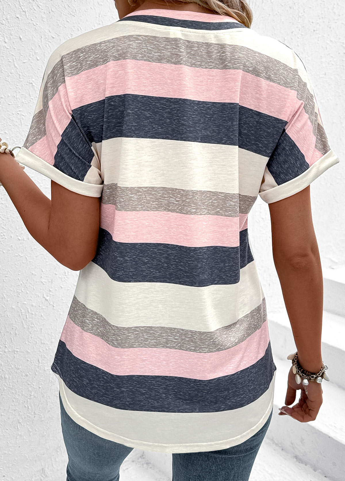 Multi Color Pocket Striped Short Sleeve T Shirt