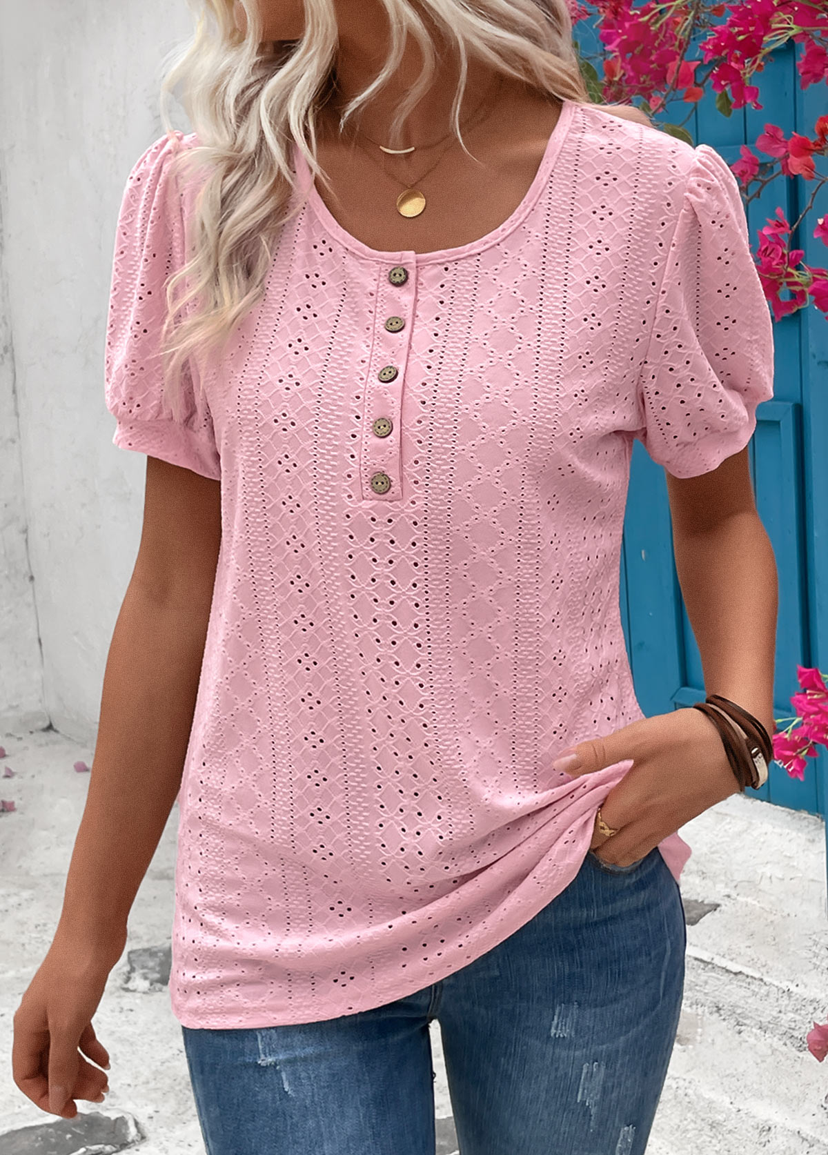 Pink Button Short Sleeve Round Neck T Shirt