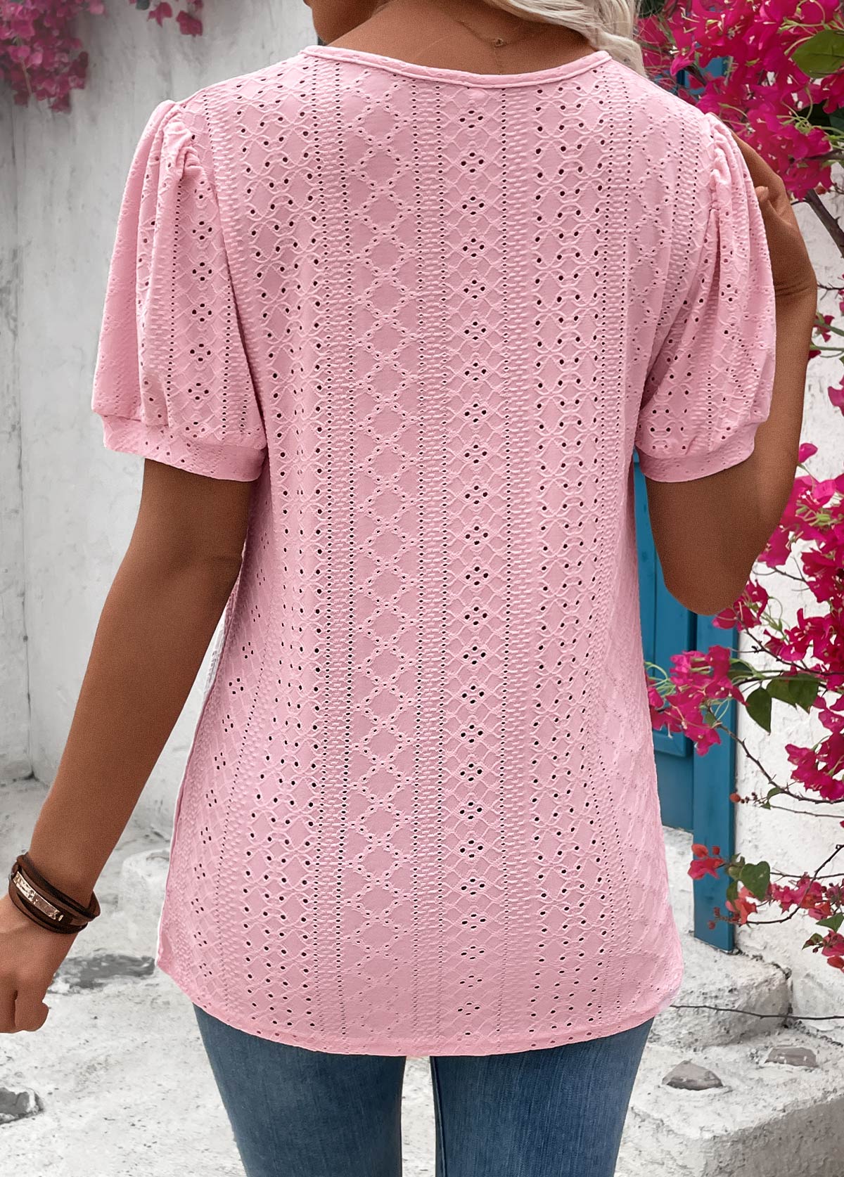 Pink Button Short Sleeve Round Neck T Shirt