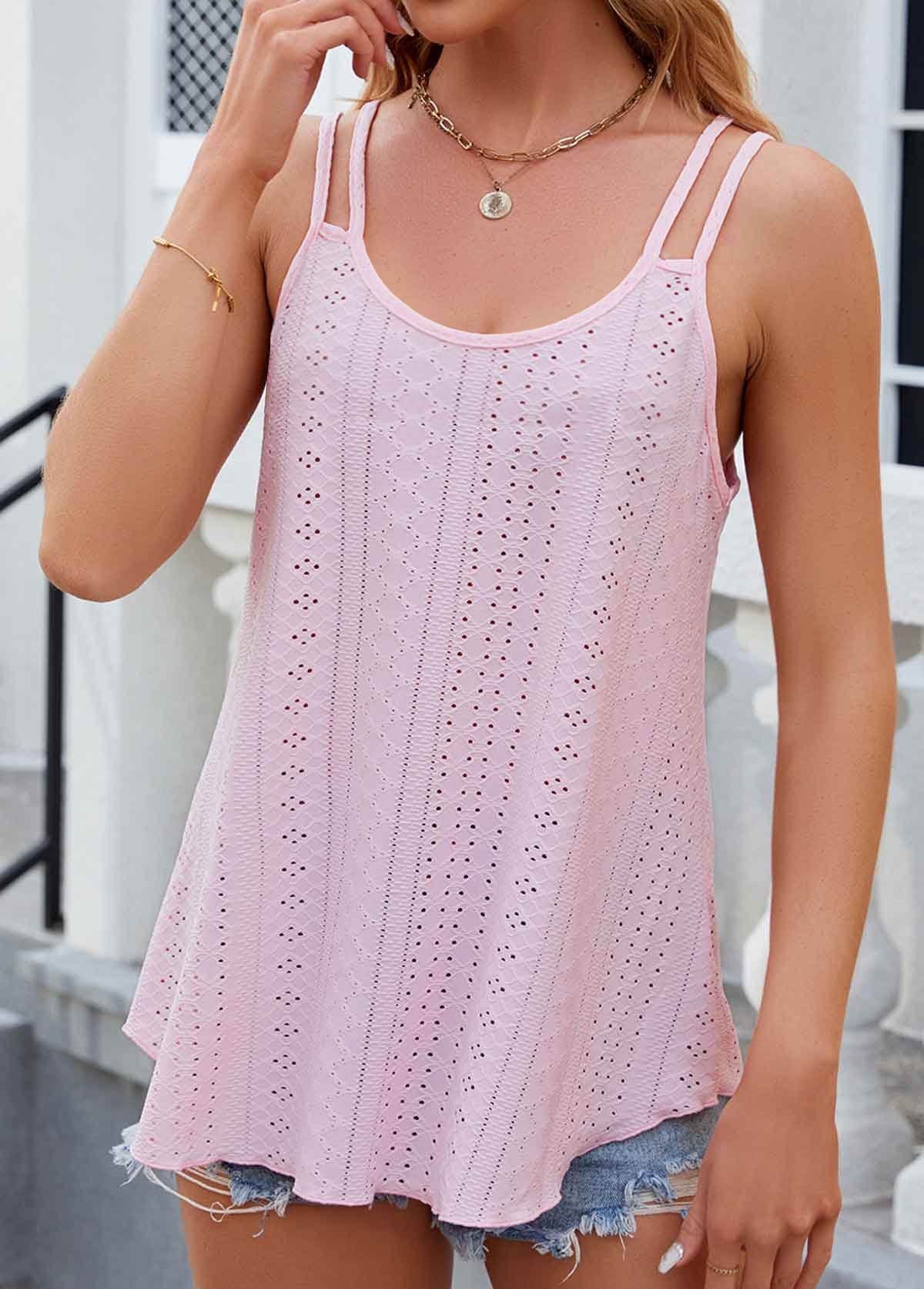 Pink Hole Double Straps Scoop Neck Camisole Top