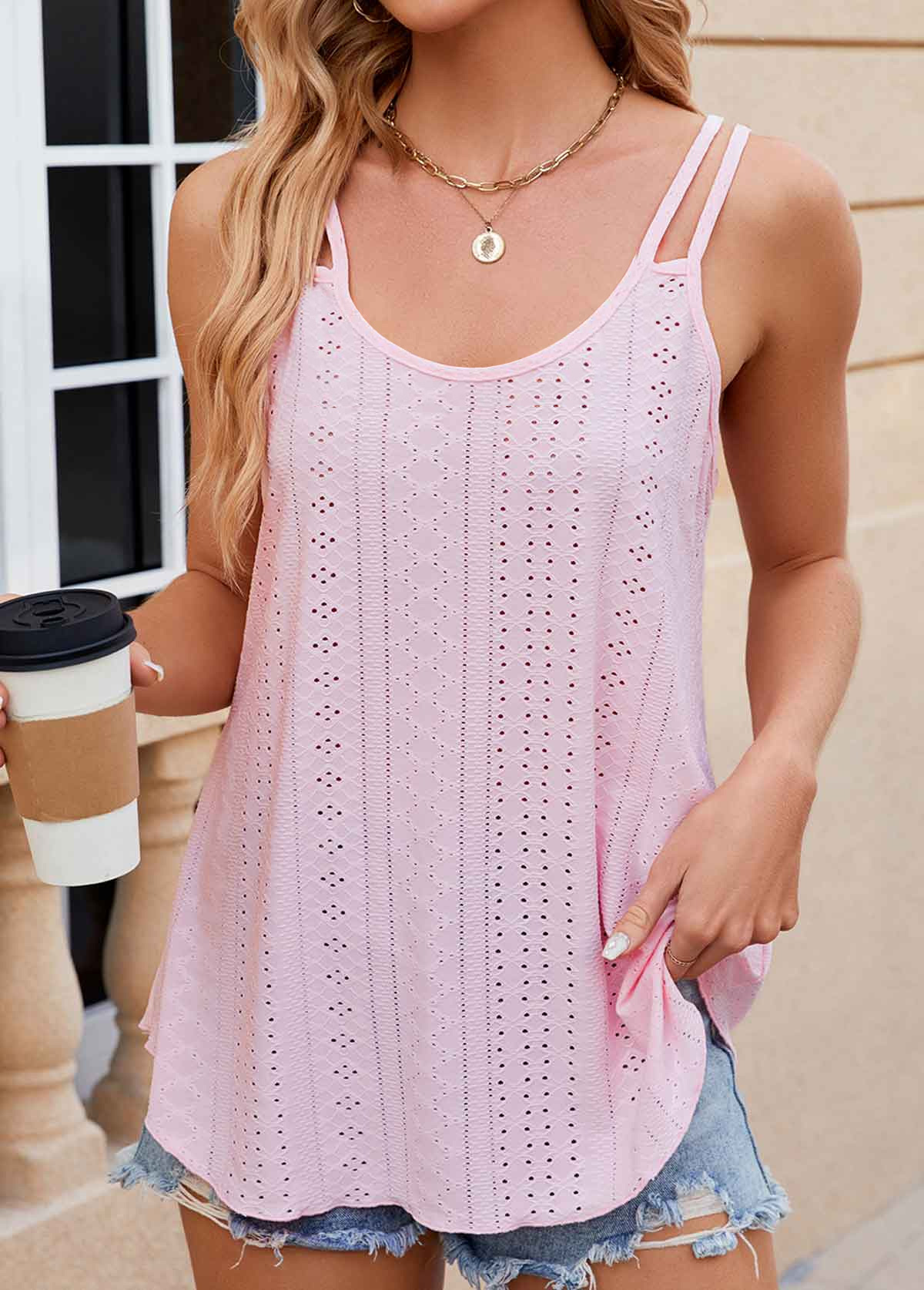 Pink Hole Double Straps Scoop Neck Camisole Top