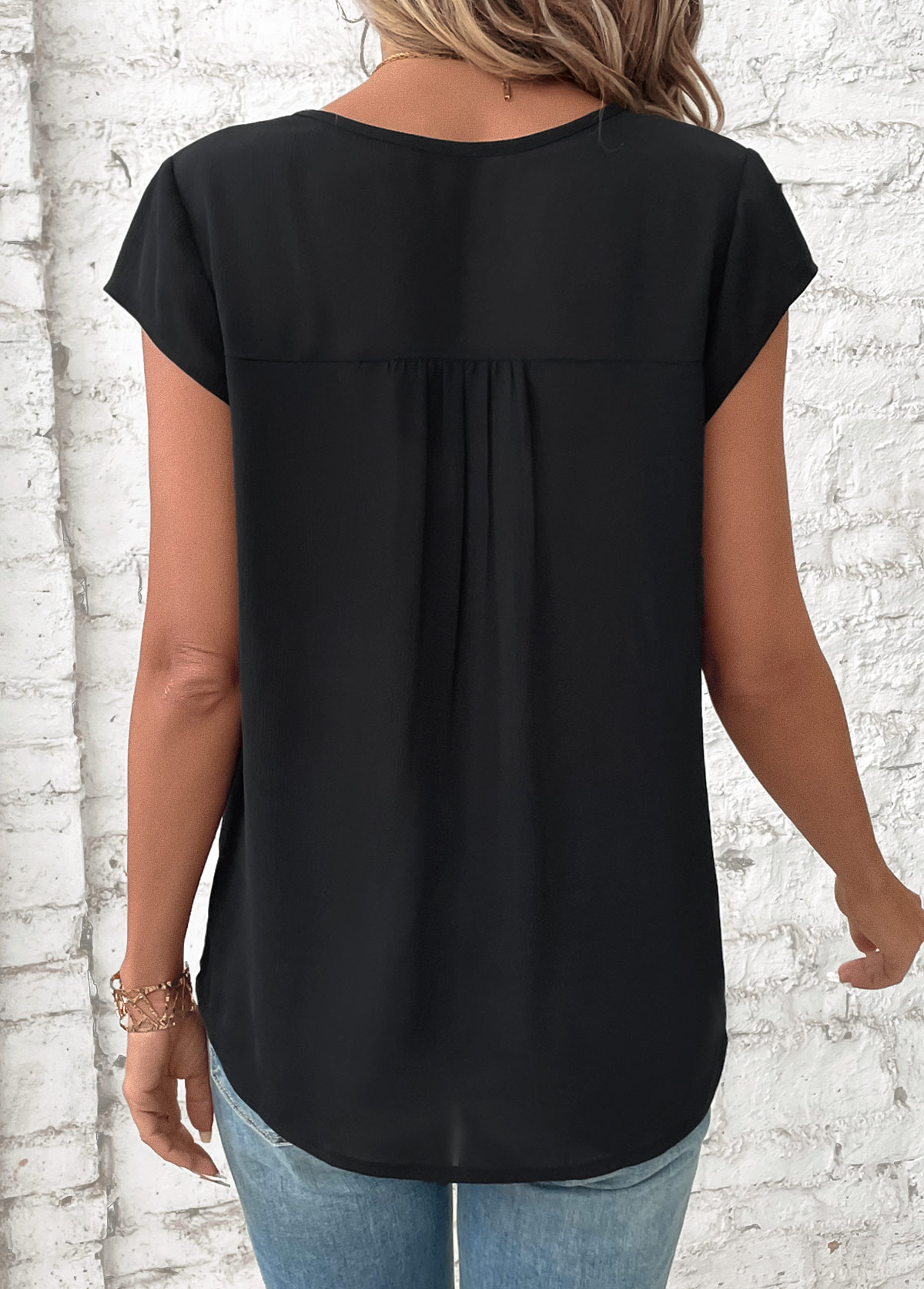 Black Patchwork Short Sleeve V Neck Blouse | picture 