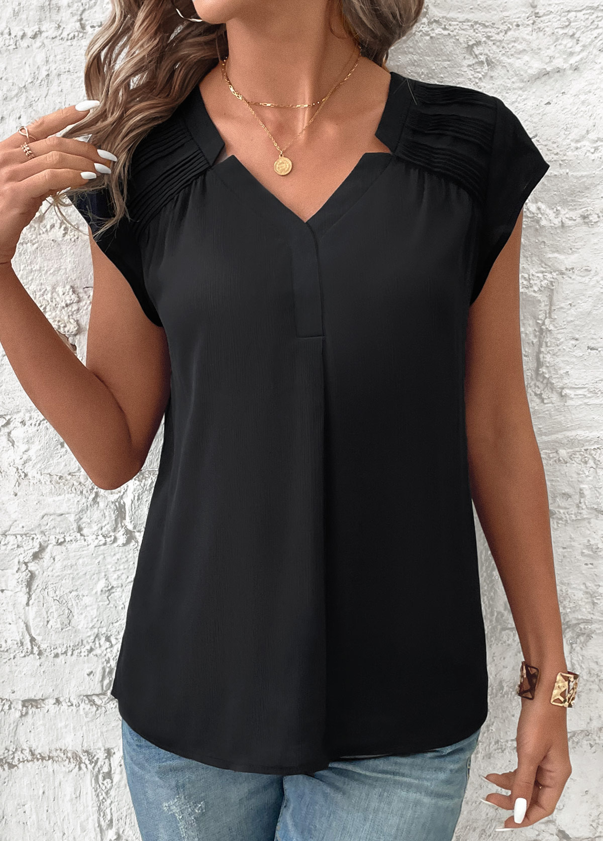 Black Patchwork Short Sleeve V Neck Blouse | picture 