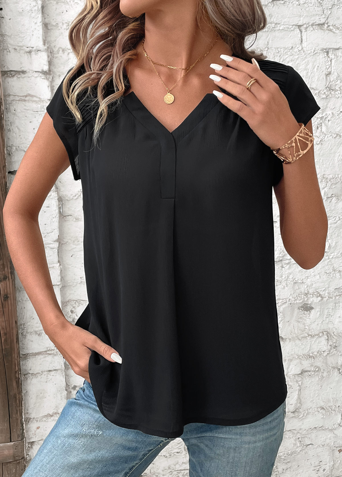 Black Patchwork Short Sleeve V Neck Blouse | picture 
