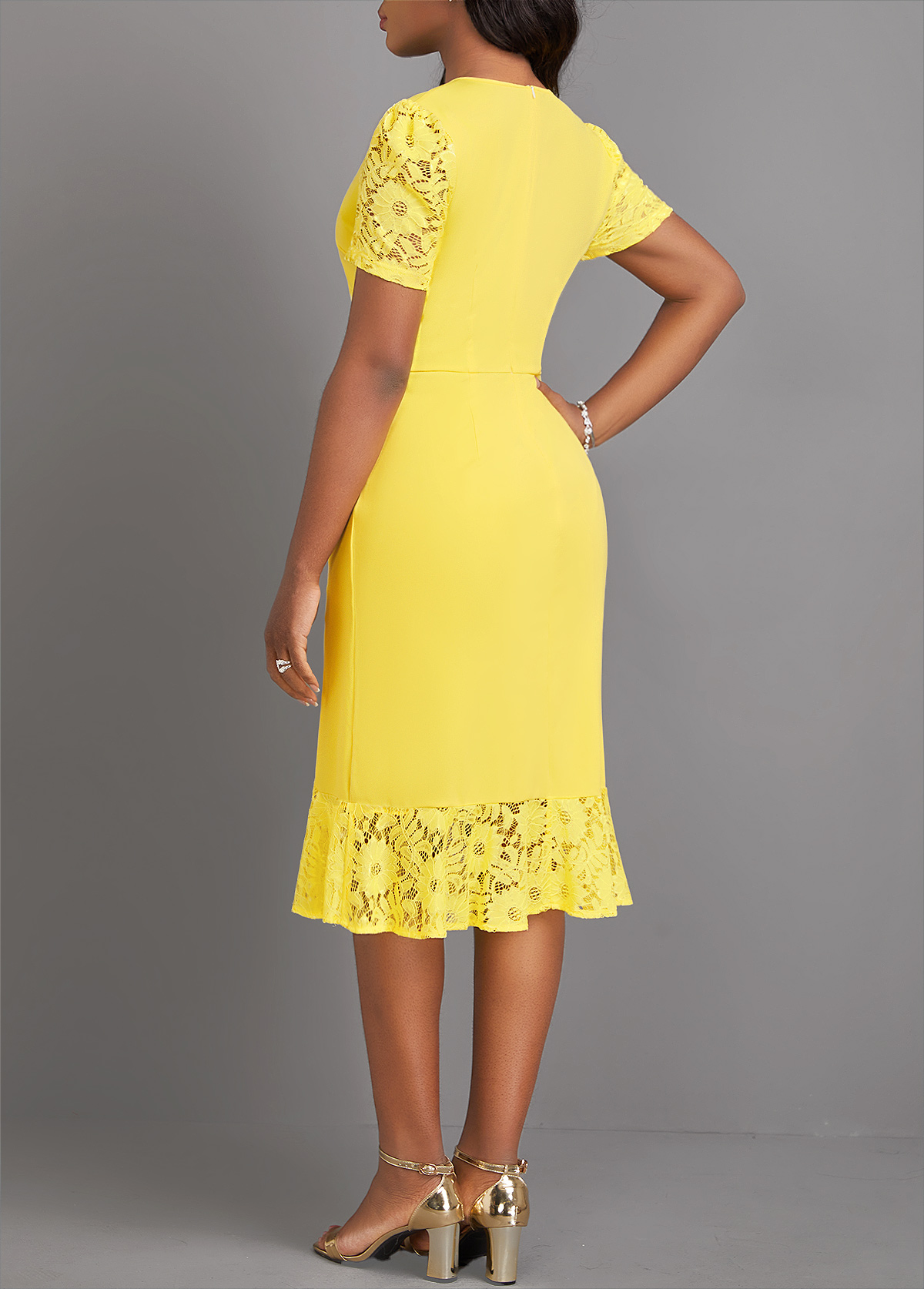 Light Yellow Lace Short Sleeve V Neck Dress