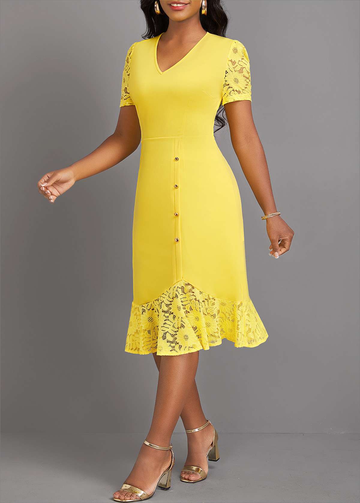 Light Yellow Lace Short Sleeve V Neck Dress
