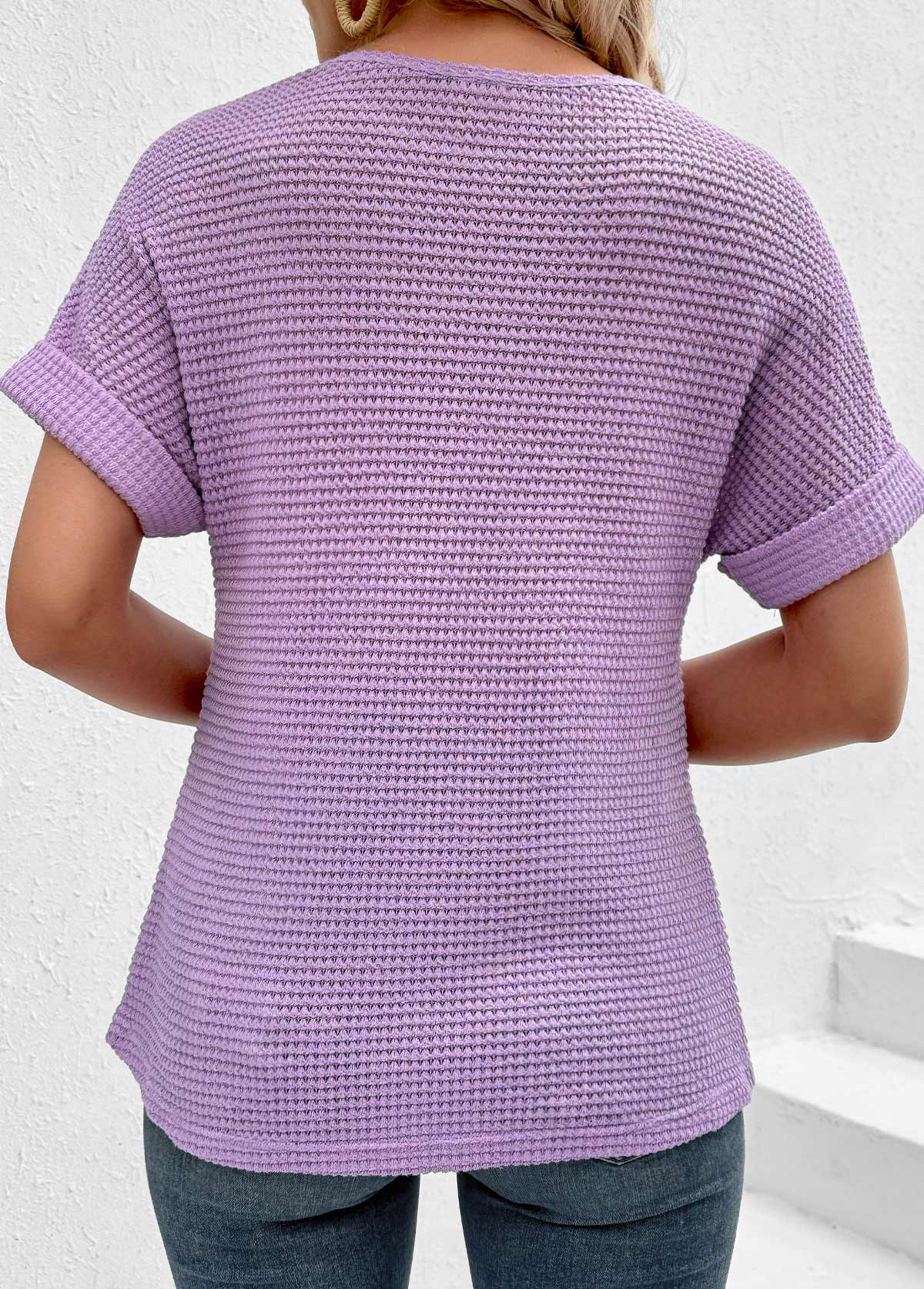 Light Purple Button Short Sleeve Round Neck T Shirt