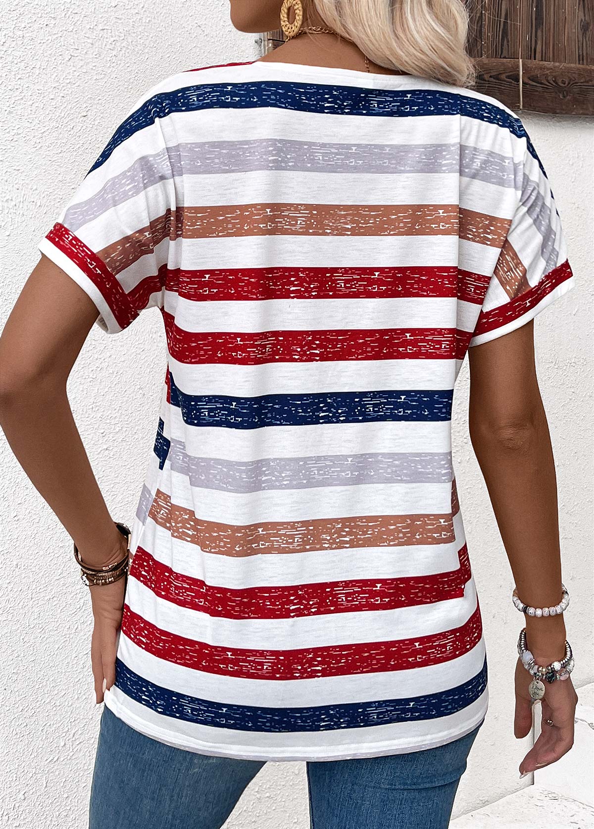 Multi Color Button Striped Short Sleeve T Shirt | picture 