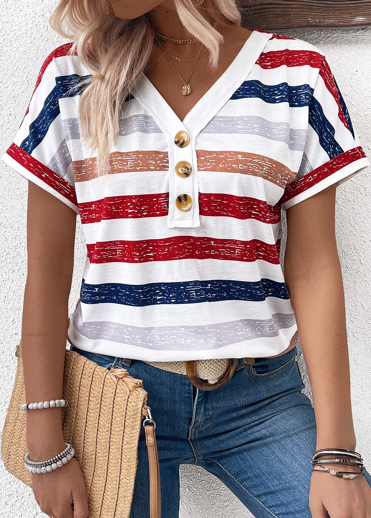 Multi Color Button Striped Short Sleeve T Shirt