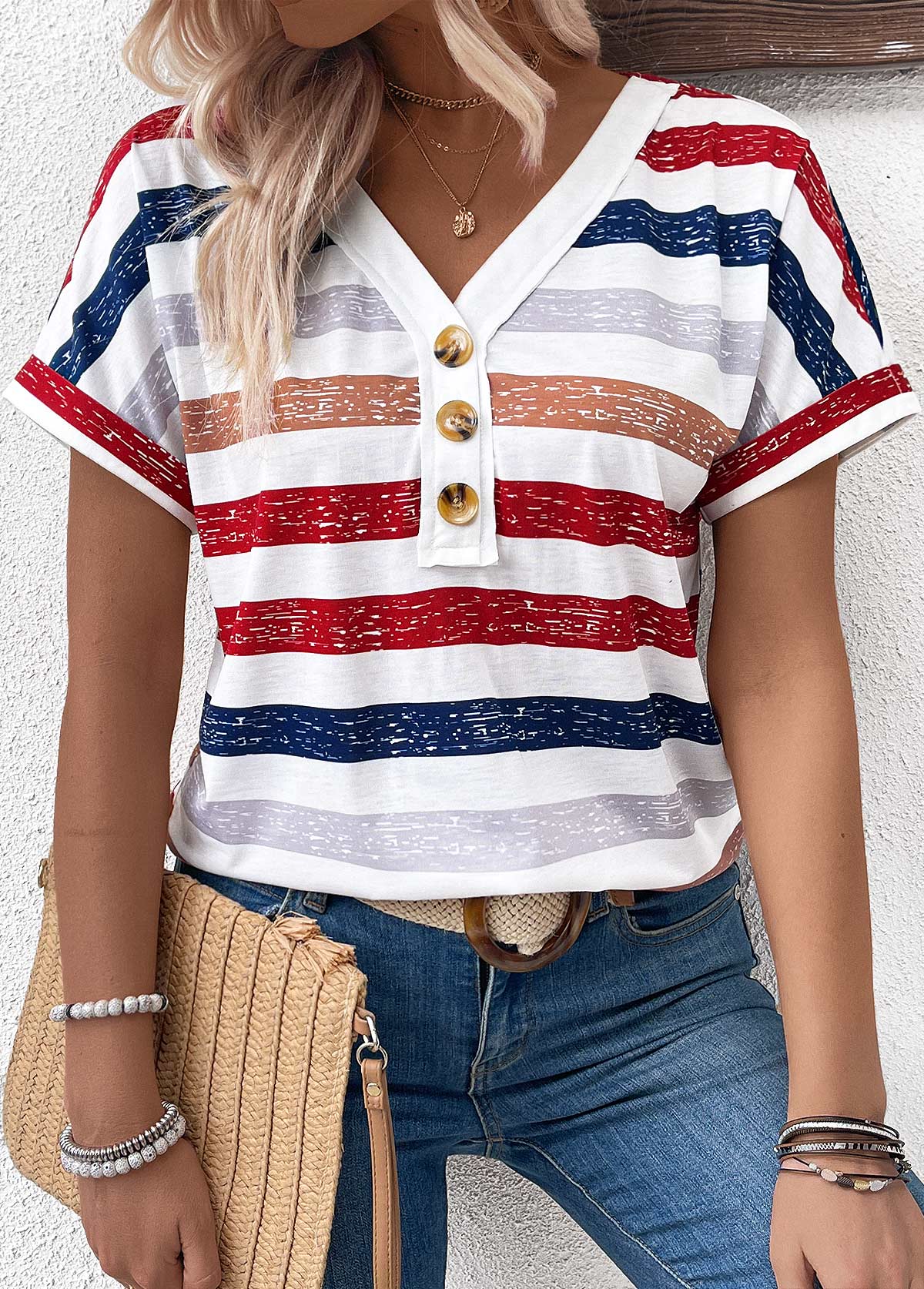 Multi Color Button Striped Short Sleeve T Shirt | picture 