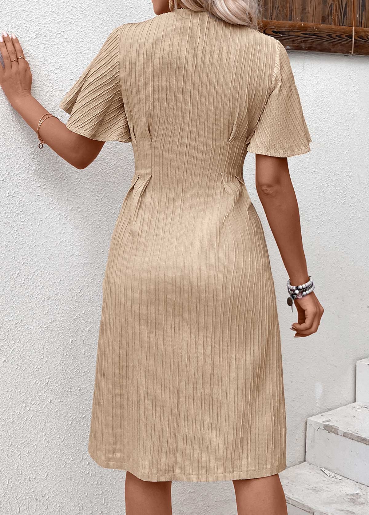 Light Camel Textured Fabric Short Sleeve V Neck Dress
