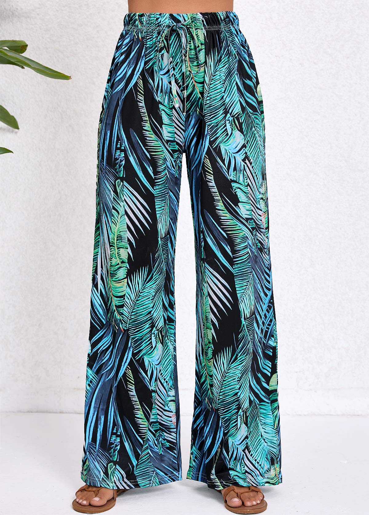 Turquoise Pocket Tropical Plants Print Elastic Waist Pants