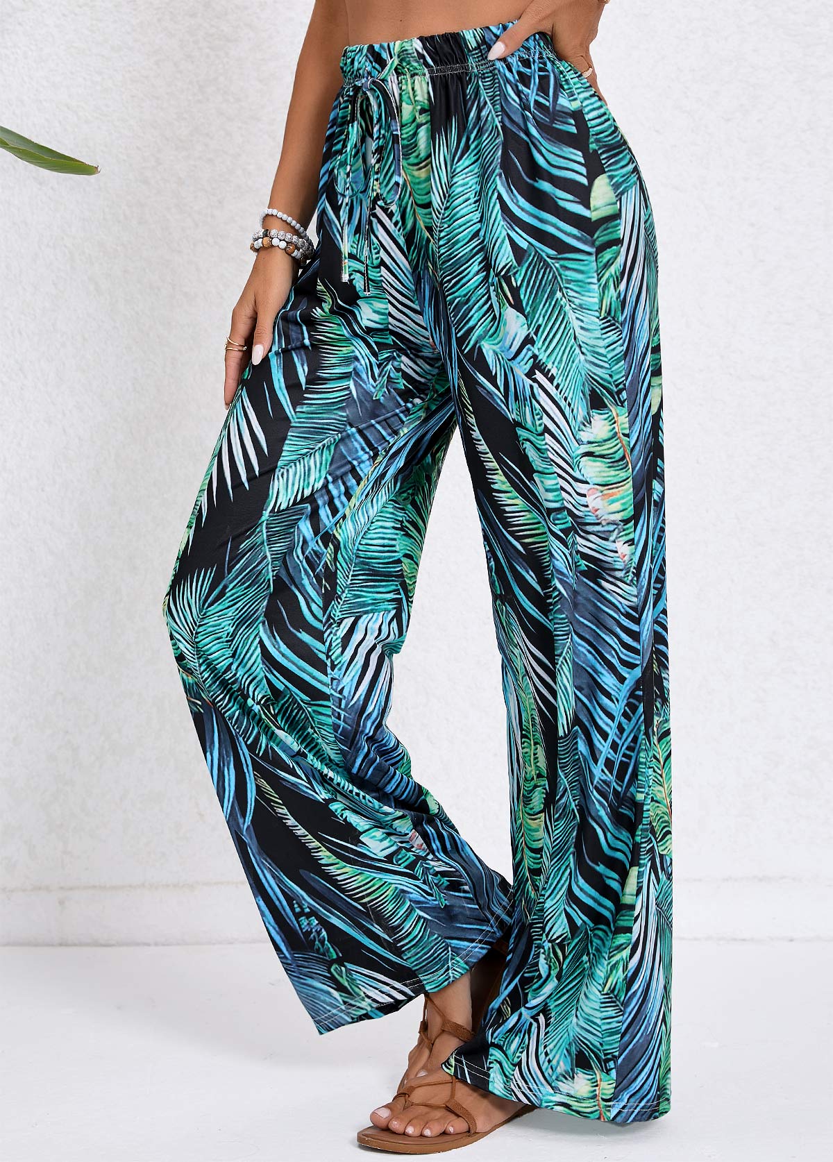 Turquoise Pocket Tropical Plants Print Elastic Waist Pants