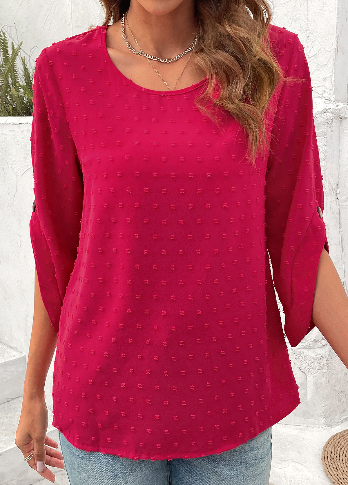 Hot Pink Button 3/4 Sleeve Round Neck Blouse