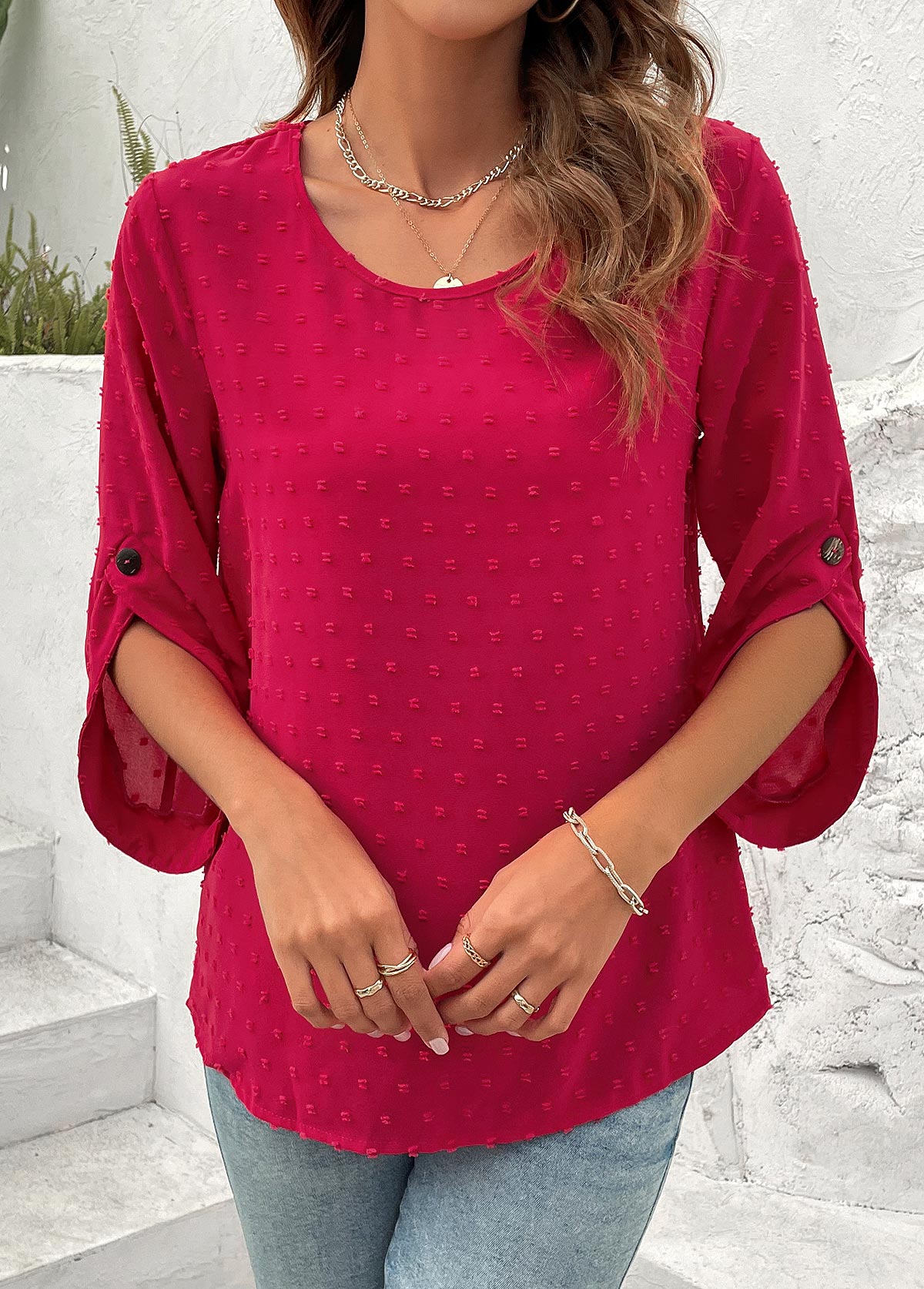Hot Pink Button 3/4 Sleeve Round Neck Blouse
