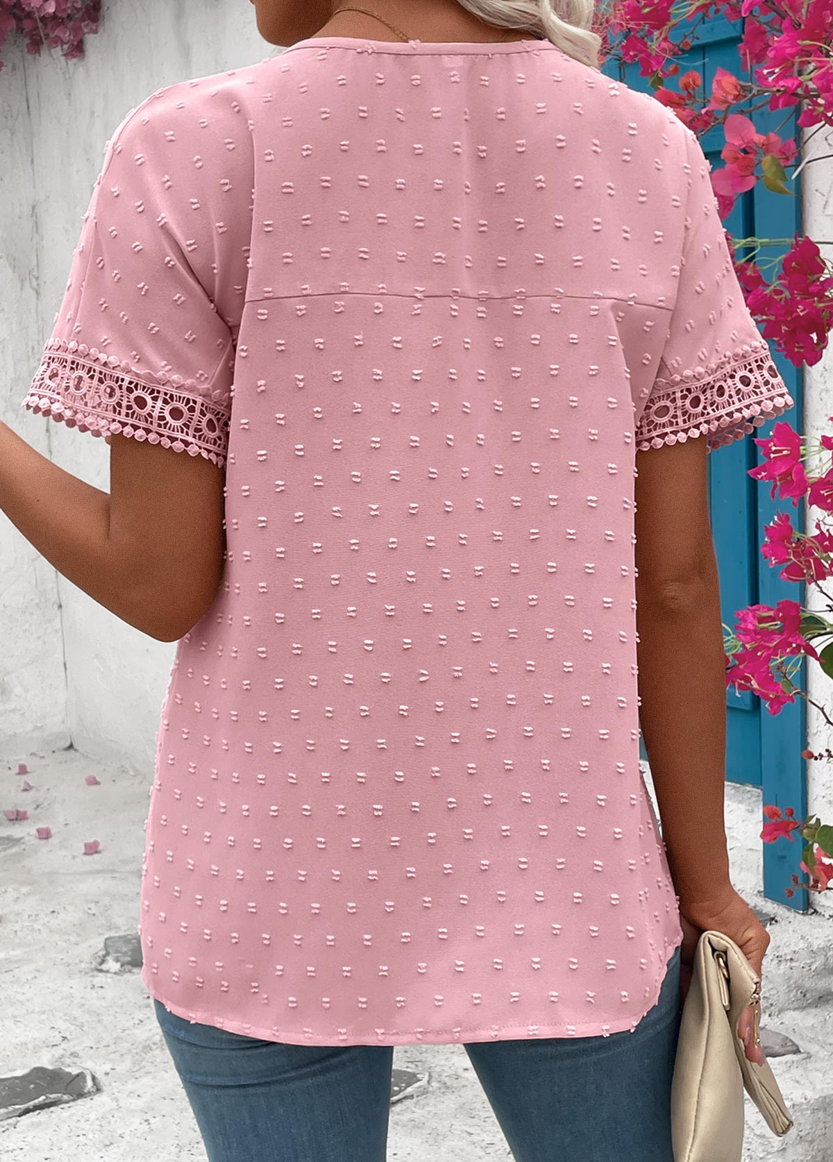 Light Pink Patchwork Short Sleeve Round Neck T Shirt