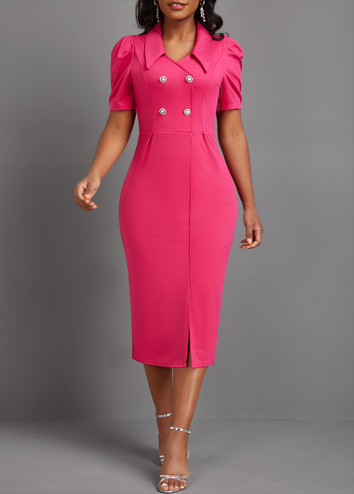 Hot Pink Button Short Sleeve Bodycon Dress