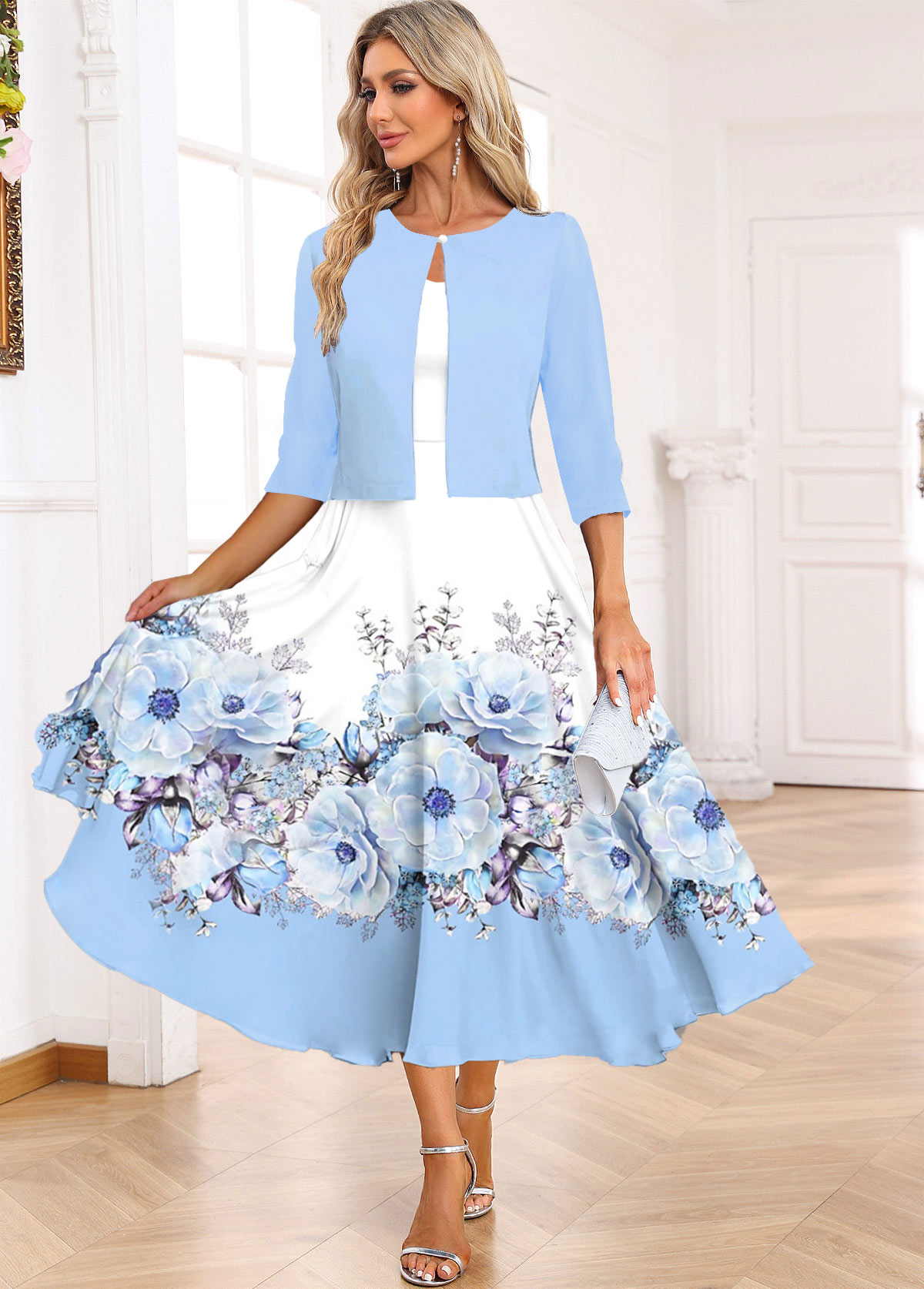 Light Blue Two Piece Floral Print Dress and Cardigan