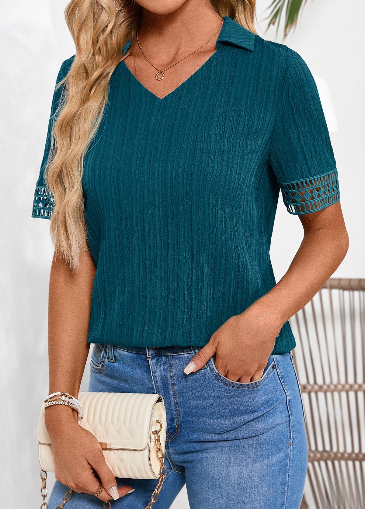 Peacock Blue Lace Short Sleeve Shirt Collar Blouse | picture 