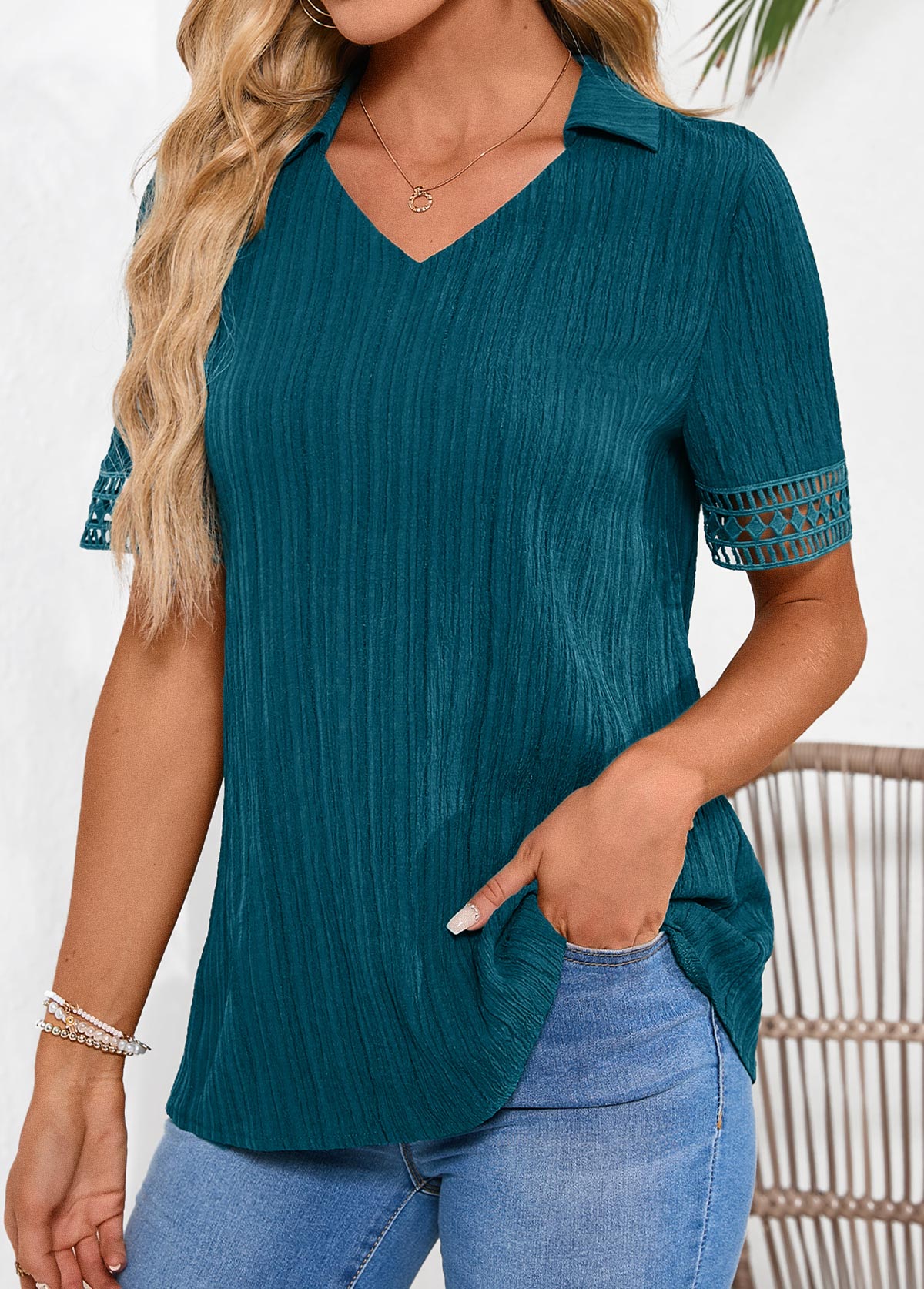 Peacock Blue Lace Short Sleeve Shirt Collar Blouse | picture 