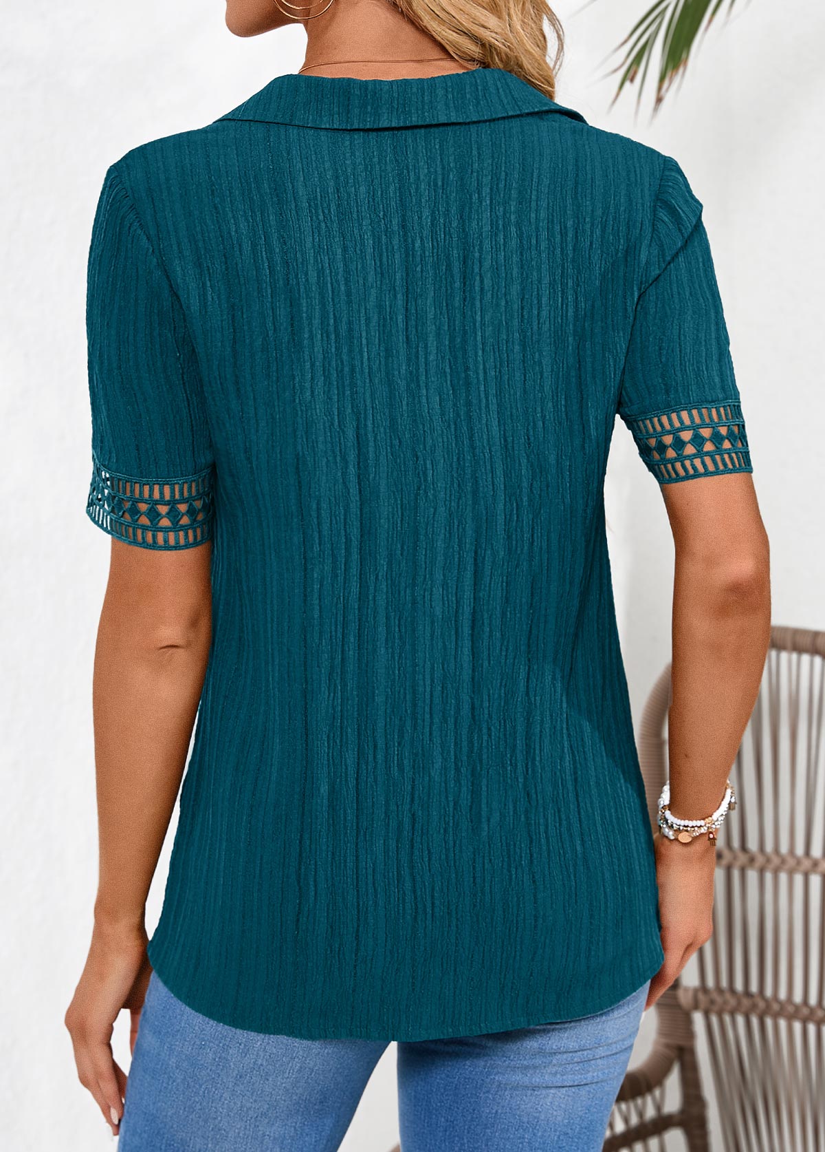 Peacock Blue Lace Short Sleeve Shirt Collar Blouse | picture 