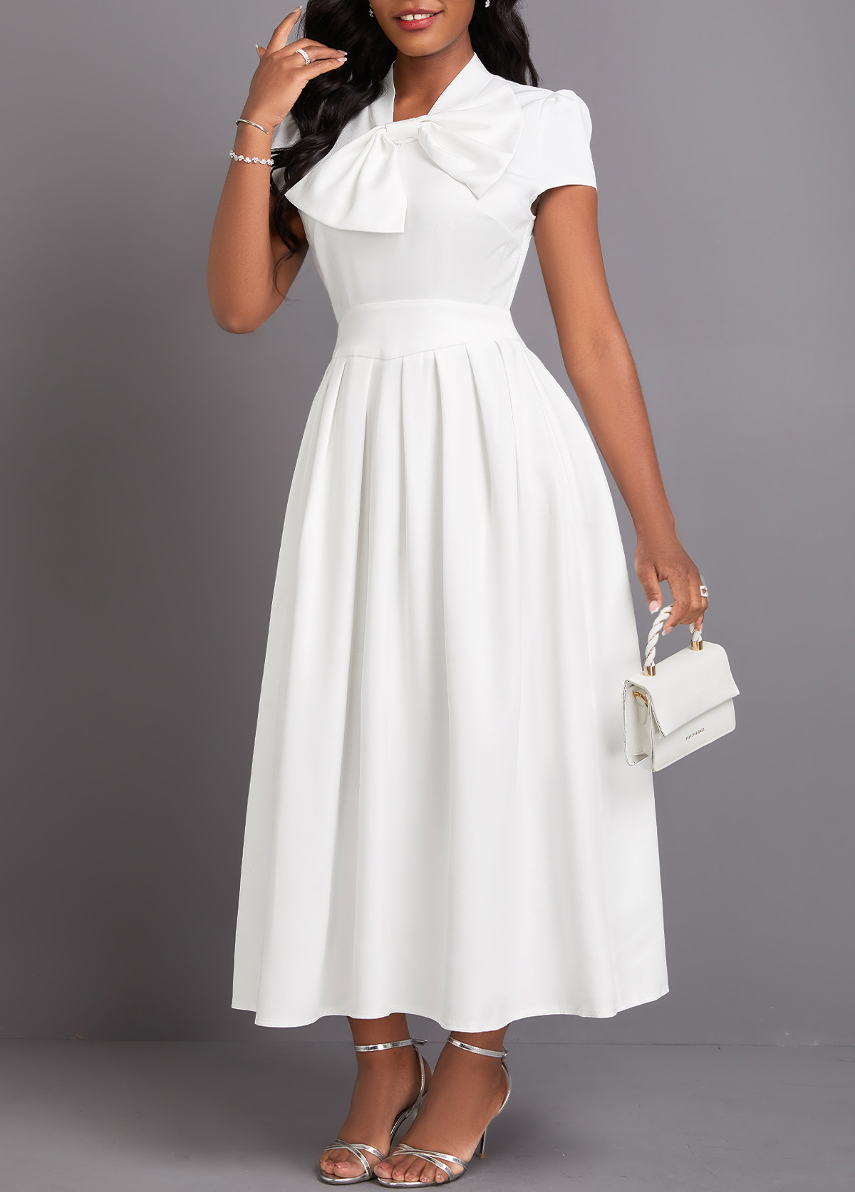White Bowknot Short Sleeve Stand Collar Dress