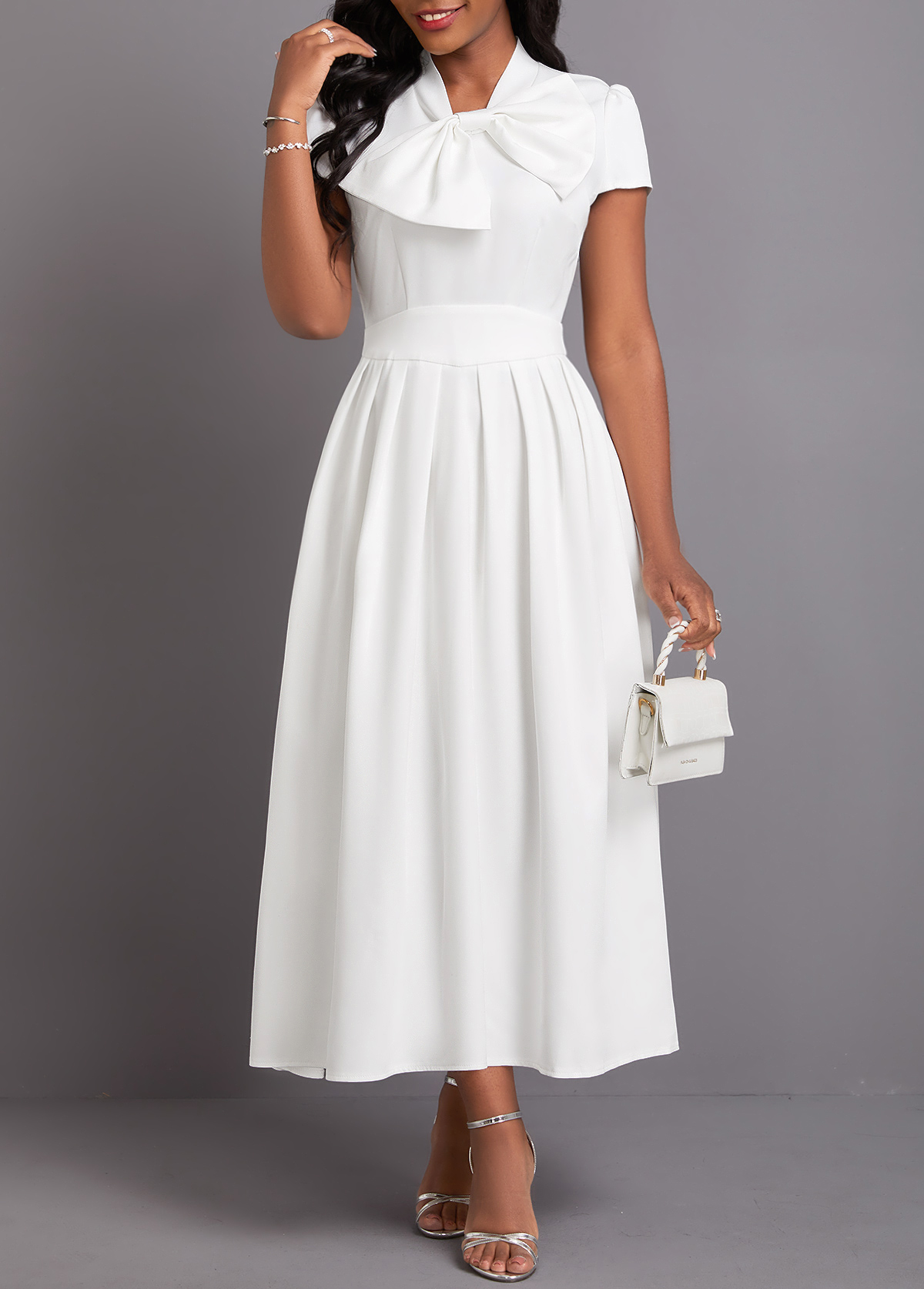 White Bowknot Short Sleeve Stand Collar Dress