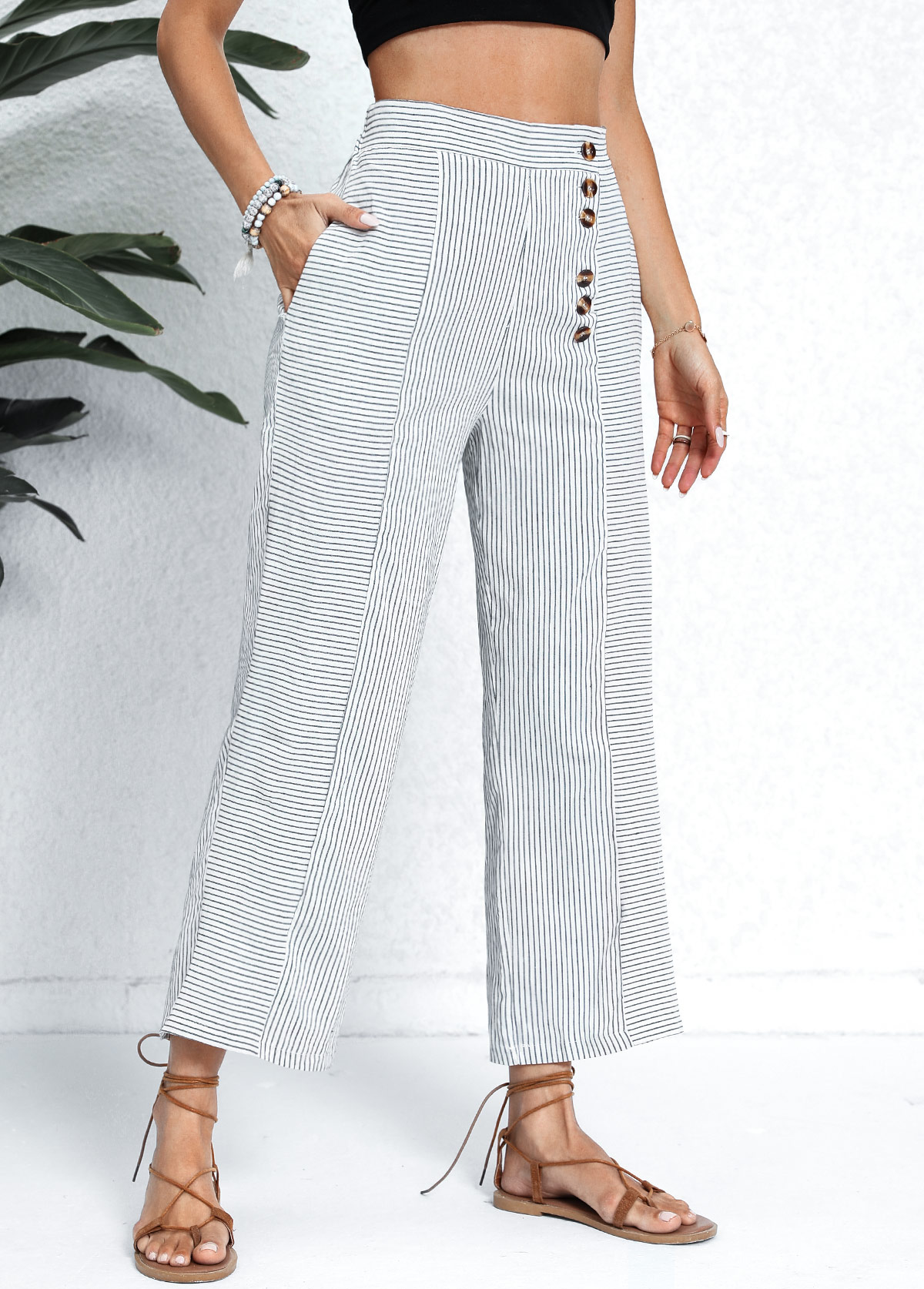 White Pocket Striped Button Fly High Waisted Pants