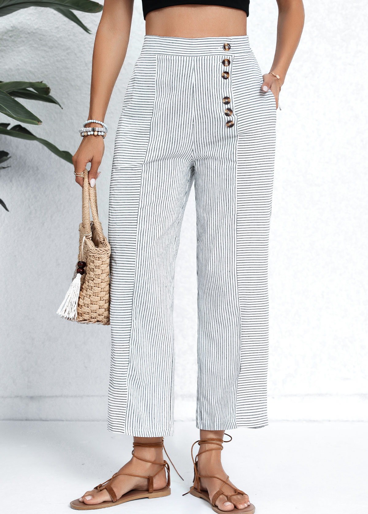 White Pocket Striped Button Fly High Waisted Pants