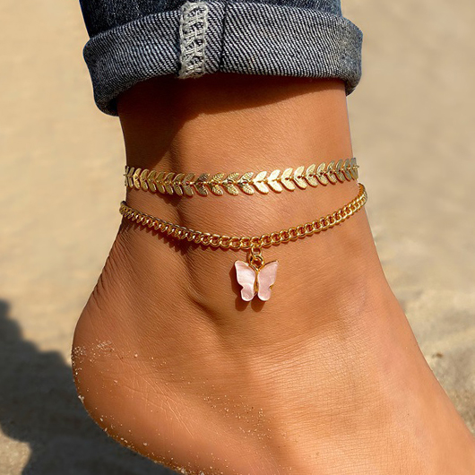 Gold Layered Leaf Butterfly Alloy Anklets